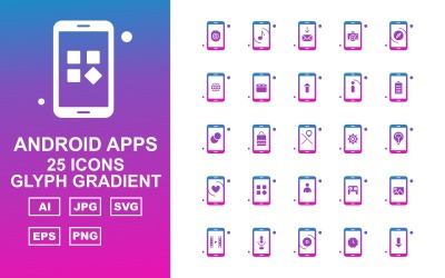Conjunto de ícones de gradiente de glifo de 25 aplicativos Android premium
