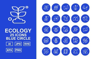 25 Conjunto de iconos de círculo azul de ecología premium