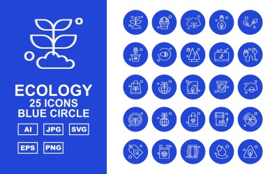 25 set di icone del cerchio blu di ecologia premium