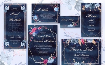 Invitaciones de boda en acuarela azul marino - Plantilla de identidad corporativa