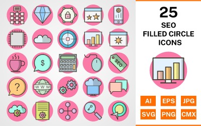 25 Conjunto de ícones de círculo preenchido de Seo