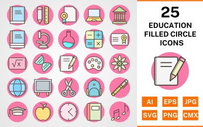 25 Education Filled Circle Icon Set