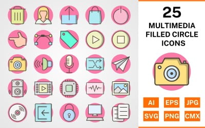25 Ikonuppsättning för multimedia fylld cirkel