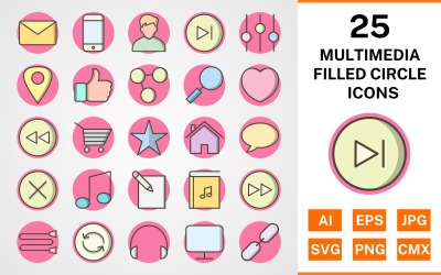 25 Multimedia Filled Circle Icon Set