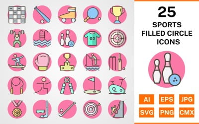 25 Sports And Games Filled Circle Icon Set