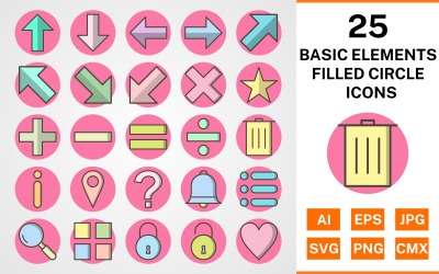 25 Basic Elements Filled Circle Icon Set