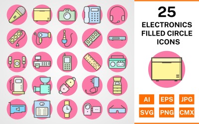 25 elektronische apparaten gevuld cirkel Icon Set