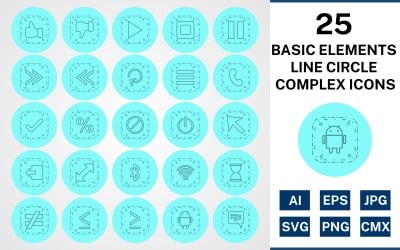25 elementi di base linea cerchio complesso set di icone