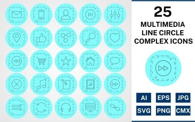 25 Ensemble d&amp;#39;icônes complexes de cercle de ligne multimédia