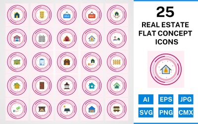 25 Fastigheter platt koncept Ikonuppsättning