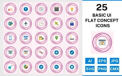 25 Grundläggande ui platt koncept Ikonuppsättning