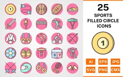 25 Ikoner för sport och spel fylld cirkel