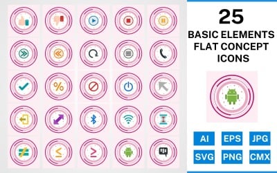 25 Temel Öğeler Düz Konsept Simge Seti