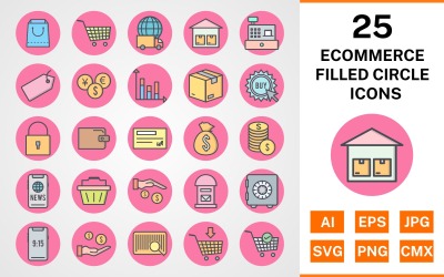 25 Zestaw ikon wypełnionych kółkiem e-commerce