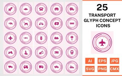 25 Conjunto de ícones de conceito de glifo de transporte