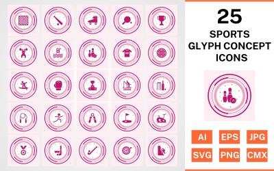 Conjunto de iconos de concepto de glifo de 25 deportes y juegos