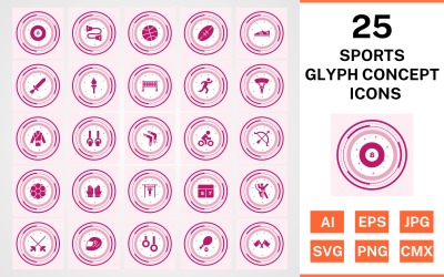 Conjunto de iconos de concepto de glifo de 25 deportes y juegos