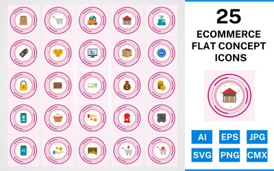 25 E-ticaret Düz Konsept Simge Seti