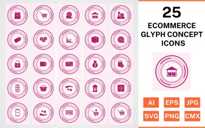 25 E-ticaret Glif Konsept Simge Seti