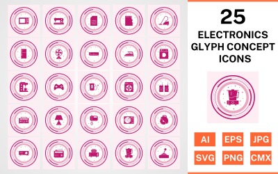 25 elektronische apparaten Glyph Concept Icon Set