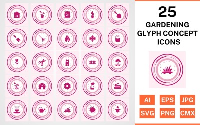 25 Gardening Glyph Concept Ikonuppsättning