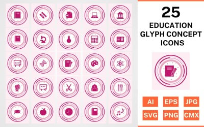 25 Set di icone del concetto di glifo di educazione