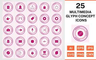 25 Zestaw ikon koncepcji multimedialnych glifów