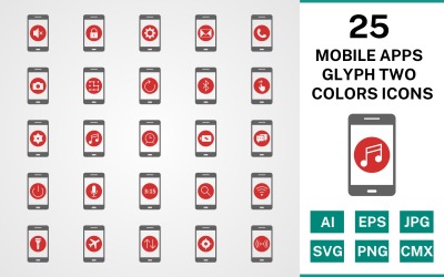Conjunto de ícones de glifo de duas cores de 25 aplicativos móveis