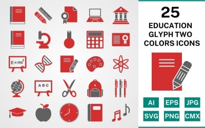 25 Education Glyph Two Colors Icon Set