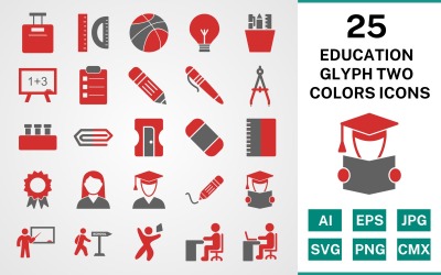 25 Education Glyph Two Colors Icon Set