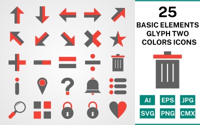 25 Grundelemente Glyphe Zwei Farben Icon Set