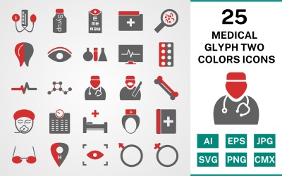 25 Medical Glyph Two Colors Icon Set