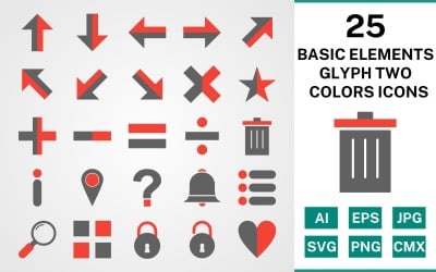 25 основних елементів гліф два кольори набір іконок