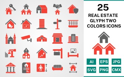 25 Real Estate Glyph Two Colors Icon Set