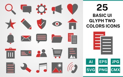 25 Set di icone di base del glifo a due colori dell&amp;#39;interfaccia utente