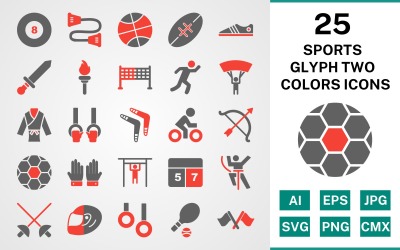 25 Sport i gry Glif Dwa kolory zestaw ikon
