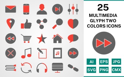 Sada ikon 25 multimediálních glyfů dvou barev
