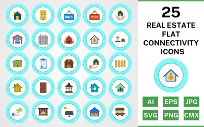 25 Fastigheter Flat Connectivity Ikonuppsättning
