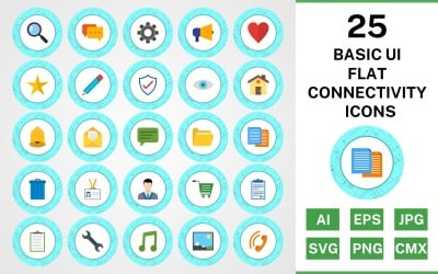 25 Grundläggande ui Flat Connectivity Icon Set