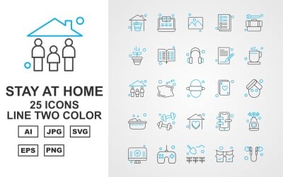 25 Premium Stay At Home Line Two Color Pack Icon Set