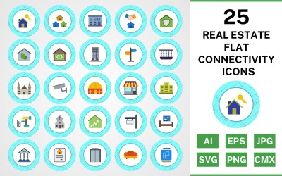 25 Real Estate Flat Connectivity Icon Set