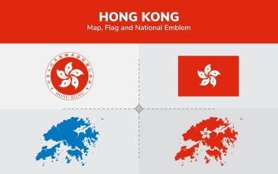 Hong Kong karta, flagga och nationellt emblem - Illustration
