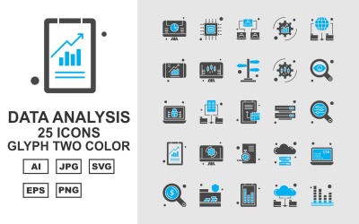 Conjunto de paquetes de iconos de dos colores de glifos de análisis de datos premium 25