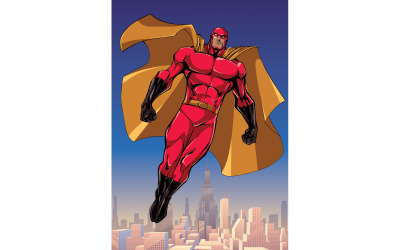 Super-herói voando acima da cidade - ilustração