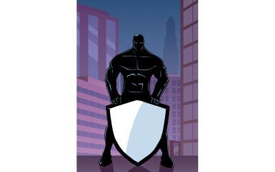 Superhero segurando escudo na cidade vertical - ilustração