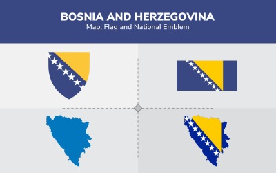 Bosnien och Hercegovina karta, flagga och nationellt emblem - illustration