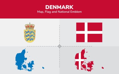 Denemarken kaart, vlag en nationaal embleem - illustratie