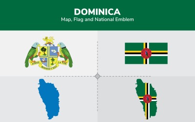 Dominica kaart, vlag en nationaal embleem - illustratie
