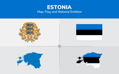 Estlands karta, flagga och nationellt emblem - illustration