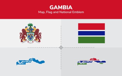 Gambia karta, flagga och nationellt emblem - illustration